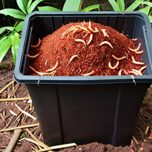 ** A layered vermicomposting bin setup with red worms (*Eisenia fetida*) visible among shredded paper, coconut coir, and food scraps. The bin should have ventilation holes. The scene should evoke a sense of sustainable gardening at home in Malaysia.

**