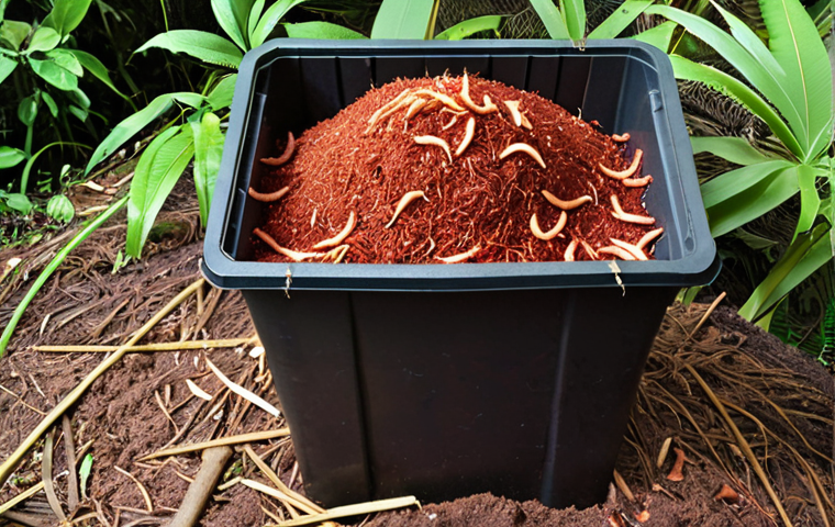 ** A layered vermicomposting bin setup with red worms (*Eisenia fetida*) visible among shredded paper, coconut coir, and food scraps. The bin should have ventilation holes. The scene should evoke a sense of sustainable gardening at home in Malaysia.
**