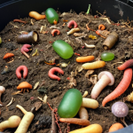 ** Microbes decomposing organic waste in a vermicomposting bin, focus on bacteria and fungi breaking down leaves and food scraps.

**