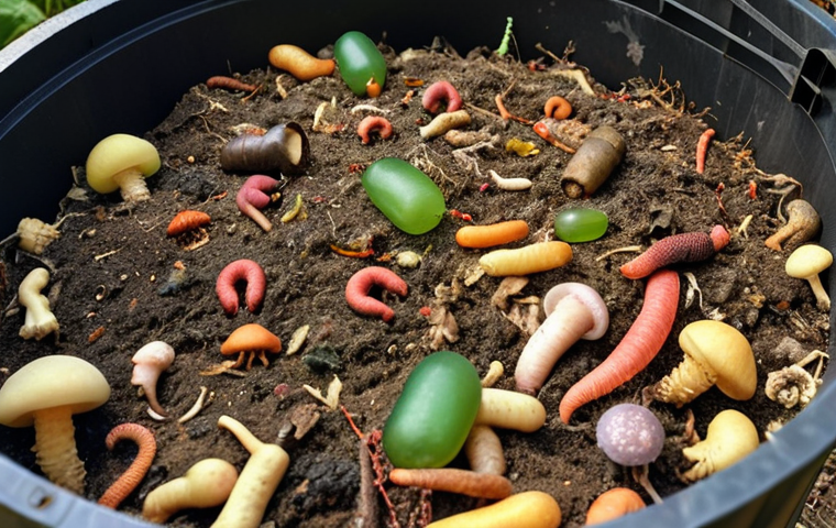 ** Microbes decomposing organic waste in a vermicomposting bin, focus on bacteria and fungi breaking down leaves and food scraps.
**
