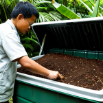 A professional adult, fully clothed in modest, practical attire, is diligently inspecting a multi-tiered vermicompost bin. Their well-formed hands, with proper finger count, gently sift through the rich, dark vermicompost. Healthy, active red wiggler earthworms are clearly visible amidst decomposing organic matter like vegetable scraps and shredded paper. The scene is set in a shaded, clean outdoor area, with lush tropical greenery in the background, reflecting a Malaysian environment. The person maintains a natural pose with perfect anatomy and correct proportions, demonstrating careful and professional management of the composting system. Professional photography, high detail, sharp focus, natural lighting, safe for work, appropriate content, family-friendly, fully clothed, professional dress.