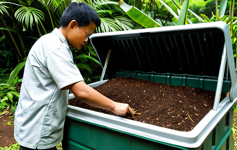A professional adult, fully clothed in modest, practical attire, is diligently inspecting a multi-tiered vermicompost bin. Their well-formed hands, with proper finger count, gently sift through the rich, dark vermicompost. Healthy, active red wiggler earthworms are clearly visible amidst decomposing organic matter like vegetable scraps and shredded paper. The scene is set in a shaded, clean outdoor area, with lush tropical greenery in the background, reflecting a Malaysian environment. The person maintains a natural pose with perfect anatomy and correct proportions, demonstrating careful and professional management of the composting system. Professional photography, high detail, sharp focus, natural lighting, safe for work, appropriate content, family-friendly, fully clothed, professional dress.